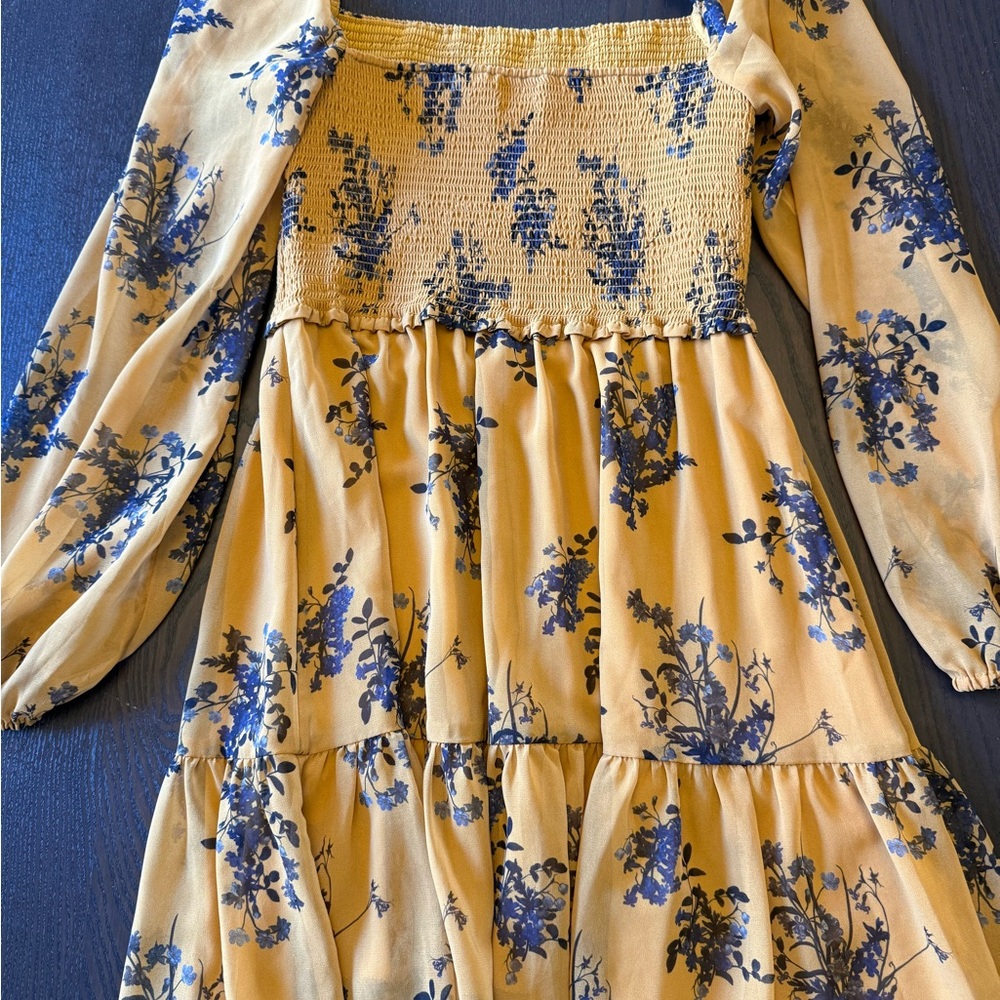 Wilfred Yellow Floral Smocked Tiered Mini Dress with Blue Print - Picture 3 of 3